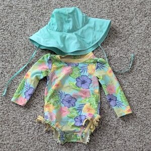 Ruffle Butts Tropical Floral Swimsuit with Aqua Sun Hat